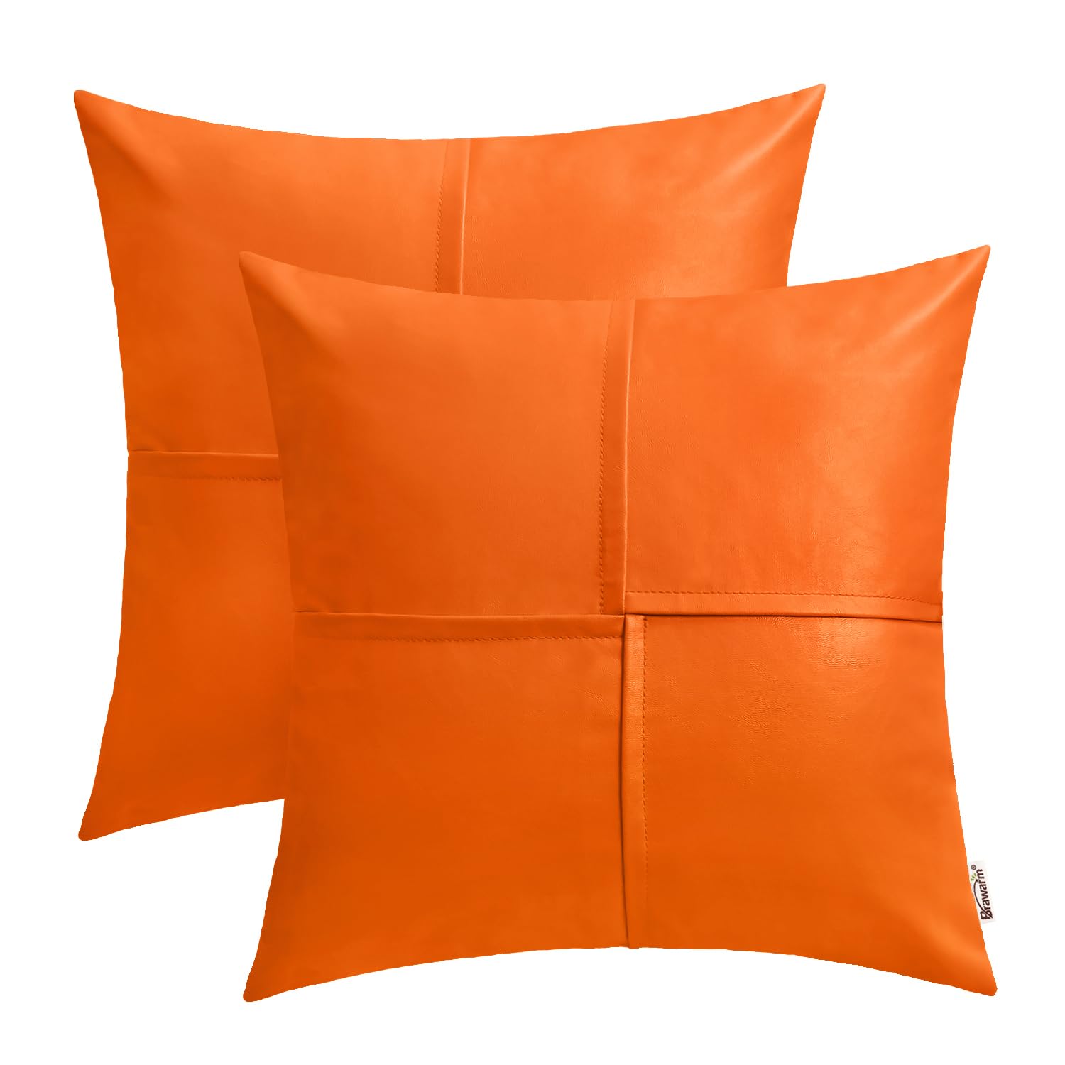 Brawarm Faux Leather Throw Pillow Covers 16 X 16 Inches, Orange Leather Pillow Covers Pack Of 2, Hand Stitched Leather Decorativ